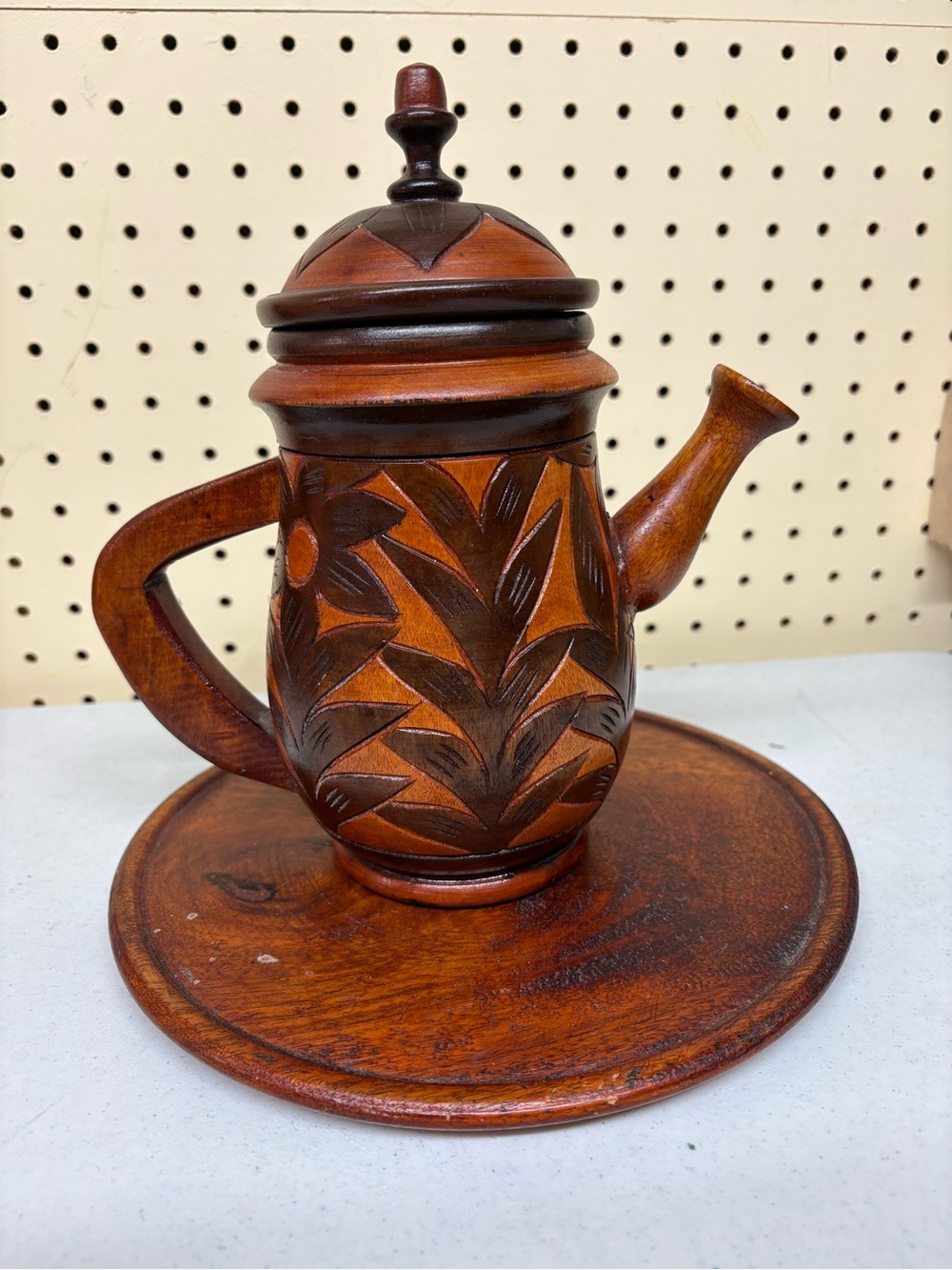 Handcarved Wooden Teapot Decorative Canister - Brown